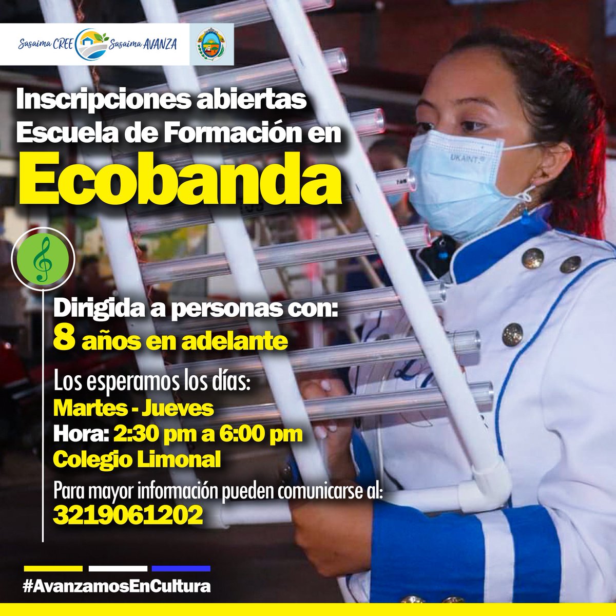alcaldiasasaima's tweet photo. 📌#CreemosEnLaCultura ✅🙋🏼♂️ ll En la Escuela de Formación en #Ecobanda también se encuentran las inscripciones abiertas para personas con 8 años en adelante.
✅ Días: Martes y Jueves
✅ Hora: 2:30 pm a 6:00 pm
✅ Lugar: Colegio Limonal
✅ Teléfono: 3219061202 https://t.co/e4ioBgzqHJ