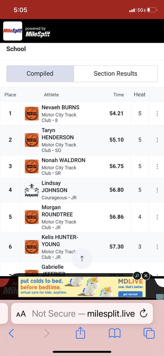 Nevaeh Burns of Motor City TC runs a meet record 54.21 winning the girls 400m title. It is US#3 for HS girls. <a href="/_LAB_TC/">L.A.B. TC</a> <a href="/mitstrack/">MITS</a>