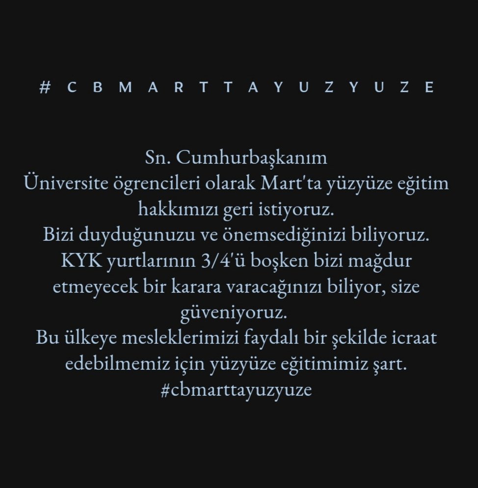 Yurt kapasitelerinin sadece 4'te 1'i doluyken, açılabilinecek üniversitelerin öğrencileri neden mağdur ediliyor, hala internete erişimi sanıldığı kadar kolay olmayan , keza aile evinde ders çalışacak ortamı olmayan öğrencilerin mağduriyeti ne zaman düşünülecek... #13marttayuzyuze