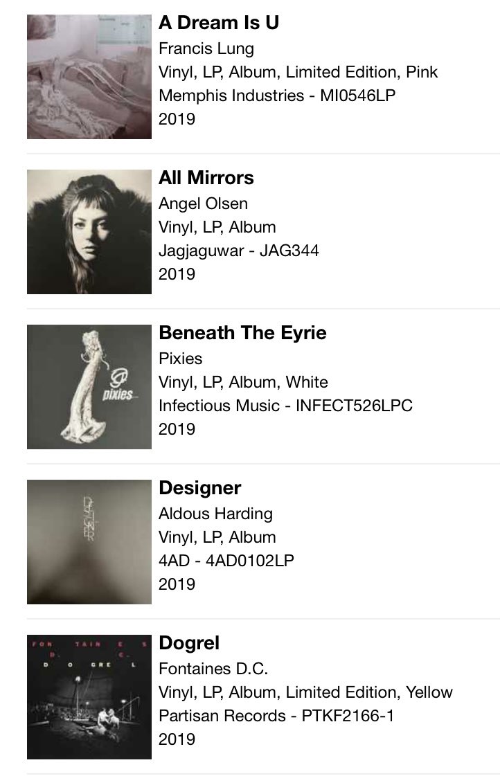 reallydancing's tweet image. #5albums19

The music I own. Big Thief probably takes some beating, not sure of the other 4, all worthy.