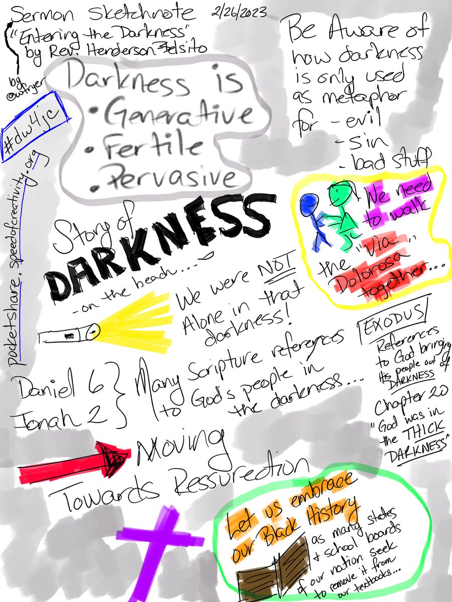 (1/3) This is my “sermon sketchnote” of the message today, “Entering the Darkness,” by Rev Henderson-Belsito at Caldwell Presbyterian Church in Charlotte, North Carolina.

#dw4jc #CaldwellPres #create2learn