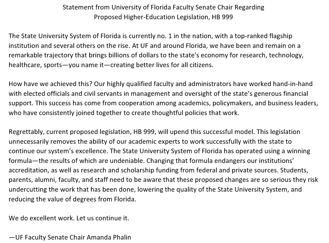UFFacultySenate's tweet photo. Statement from @UF Florida Faculty Senate Chair @Dr_Phalin re HB 999. ⬇️#HB999 #Florida #academicfreedom #AcademicTwitter #AcademicChatter #AcademicFreedom #GoGators #Gators #GatorNation https://t.co/JDUChSHLKA