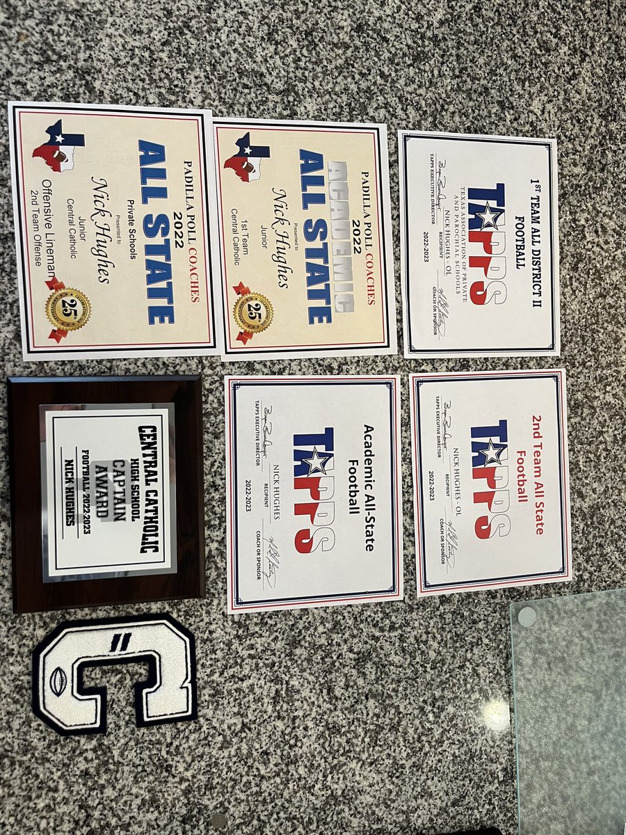 I Had a great day at the end of football season banquet. I earned 1st Team All District, 2nd Team All State, Academic All State, Padilla Poll Academic All State, Padilla Poll All State, and the Team Captain Award!! Can’t wait for next season. <a href="/FBcoachsantiago/">Mike Santiago AFCA Club-35</a> <a href="/CoachTMarciano/">Tony Marciano</a>
