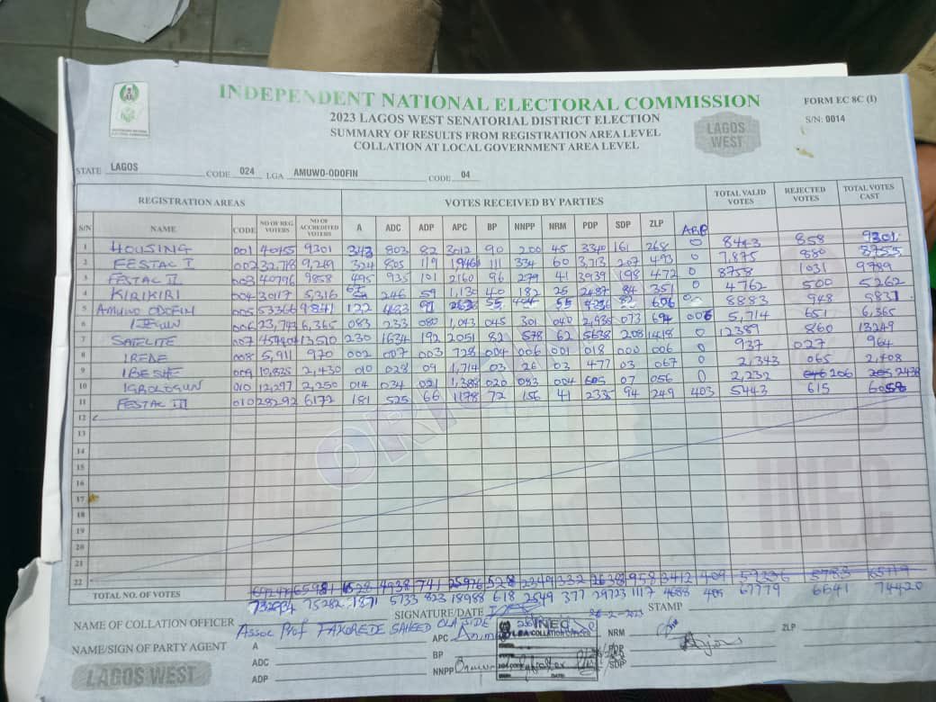 omoluabi1sq's tweet photo. Amuwo Odofin result massively falsified but we fought them to a standstill until they rectified it and changed it to the real result. If you check APC total votes, you will see the signed alteration. @inecnigeria, caution your people in Lagos. Do not set Lagos West on fire https://t.co/1sgLNLL7hD