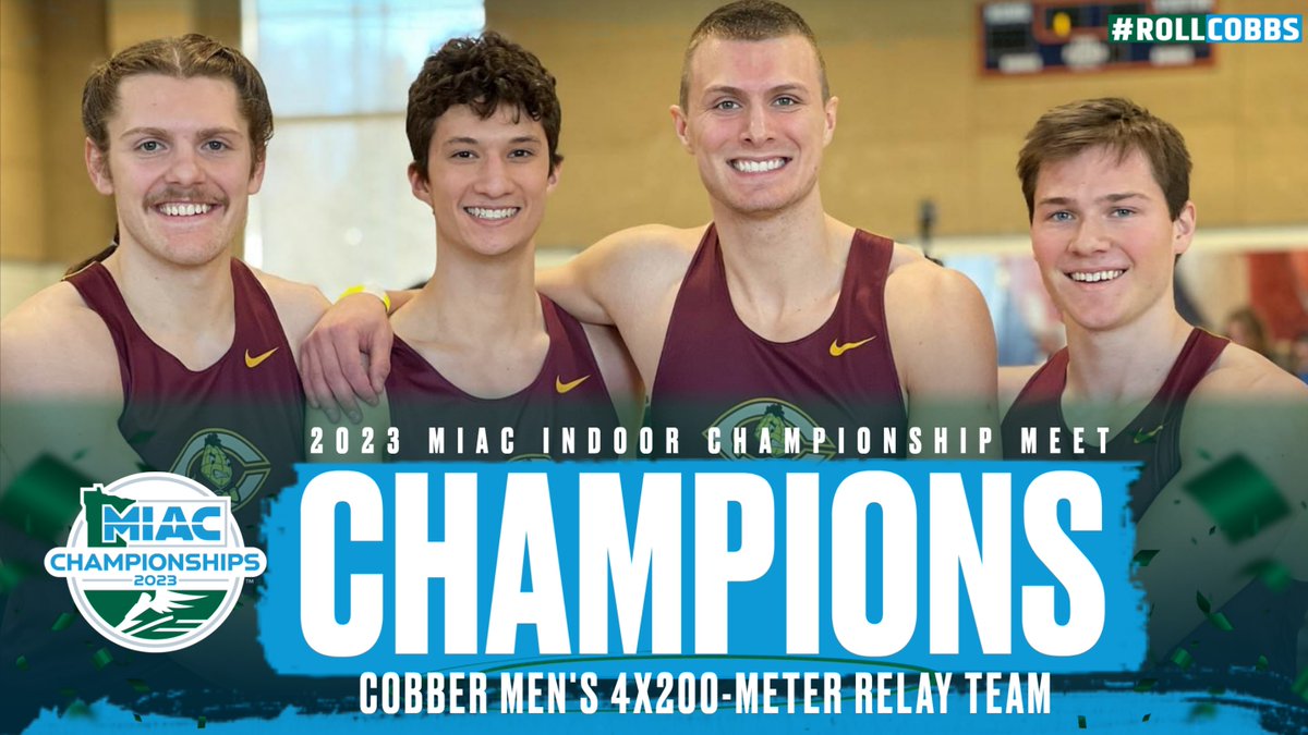 CORNGRATS to the Cobber MT&amp;F 4x200-meter relay team of Hayden Gagnon, Trevor Tiongson, Cal Wright &amp; Nolan Morical who are the champs of the MIAC, &amp; won the event with a school-record time of 1:29.31!

📸: <a href="/CobberXCTF/">Garrick Larson</a>