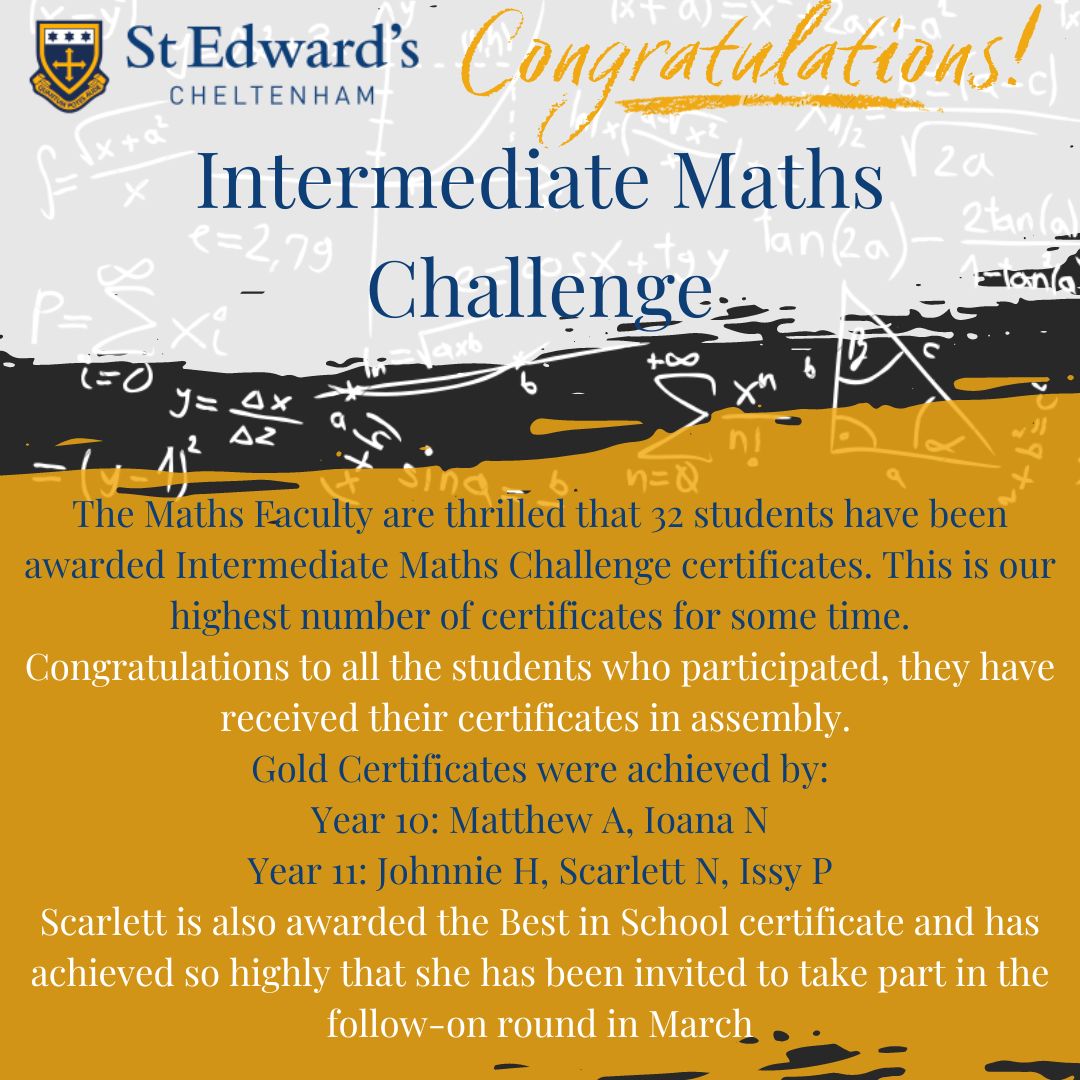 StEdwardsChelt's tweet photo. Congratulations to the phenomenal number of students who have been awarded their Intermediate Maths Challenge certificates. It is great to see a love of maths being fostered in our school community. Some outstanding individual achievements too!
#SECMaths #SECachieve #SECsuccess https://t.co/vvomP1vyHj