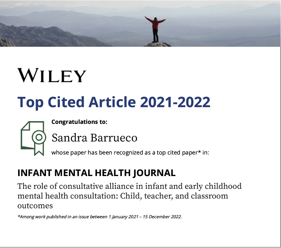 Excited to learn about our mental health consultation research making an impact as a #topcitedarticle in the Infant Mental Health Journal, with Annie Davis (PhD mentee and lead author) and Deborah Perry (Georgetown) <a href="/CUAPsychology/">CatholicU Psychology</a> <a href="/CUArtSci/">CUArts&Sciences</a>