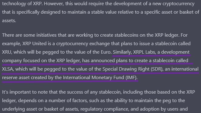 QuantumSigma369's tweet photo. #XRP #XRPCommunity
Just got an extremely interesting response by ChatGPT while poking around asking questions about stablecoins on the #XRPL.
After an albeit short search for more information on this #XLSA, I'm coming up with nothing. Does anyone else know anything about this?
@xrplabs @CoinClubQuincy @cowboycrypto313 @TheCSCrypto @TeesCryptoSpot @MrManXRP @DigPerspectives @digitalassetbuy @thinkingcrypto @jungleincxrp
