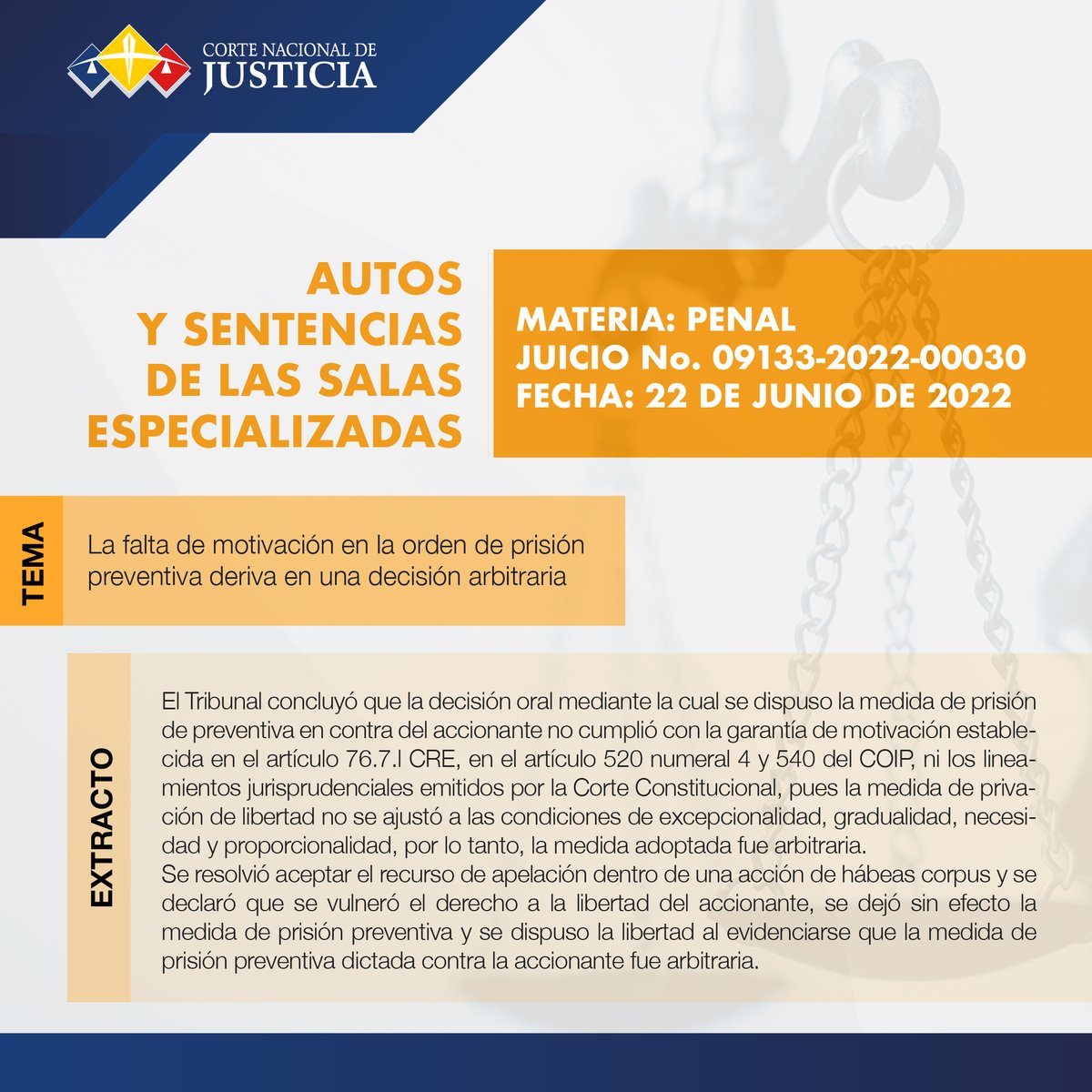 CorteNacional's tweet photo. 📜#SentenciasCNJ | Revisa la sentencia completa de la Sala Especializada de lo Penal, Penal Militar, Penal Policial, Tránsito, Corrupción y Crimen Organizado de la @CorteNacional de Justicia, en el siguiente enlace ➡ https://t.co/dfoKLZ7Oo2 https://t.co/yofBqv8jkJ