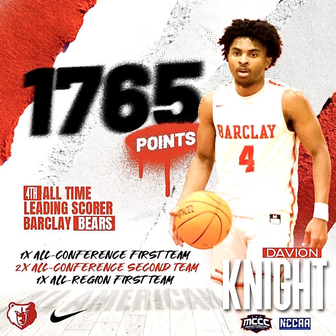 Barclay (@barclayc_mbb) on Twitter photo 🙌🏽 congrats to <a href="/DavionKnight8/">DayDay</a> 4th all time scoring in Barclay College History! <a href="/BarclayCollege/">Barclay College</a> <a href="/BearsRecruiting/">BarclayCollegeRecruiting</a> @BCCoach_G 🙌🏽 congrats to <a href="/DavionKnight8/">DayDay</a> 4th all time scoring in Barclay College History! <a href="/BarclayCollege/">Barclay College</a> <a href="/BearsRecruiting/">BarclayCollegeRecruiting</a> @BCCoach_G