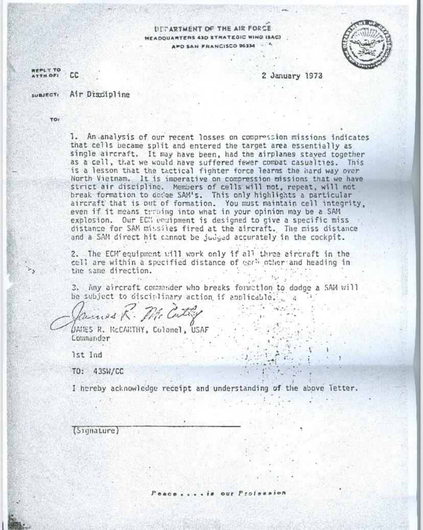 Take a minute to read orders given to air crew during Vietnam. Imagine having to ignore SAM launches at you, and not being allowed to maneuver to dodge the SAM. Could you do it? I don’t think I could. Imagine having that much faith in your ECM.