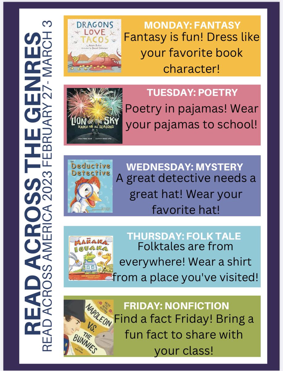 WeissKrissy's tweet photo. Read Across the Genres starts tomorrow! Don’t forget to dress up!! https://t.co/64Qam7C8ZL