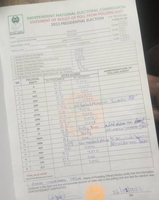 Wisepraise1's tweet photo. Results from Bauchi they will not rig this election @PeterObi @inecnigeria @kikimordi https://t.co/YqD6iLmTbV