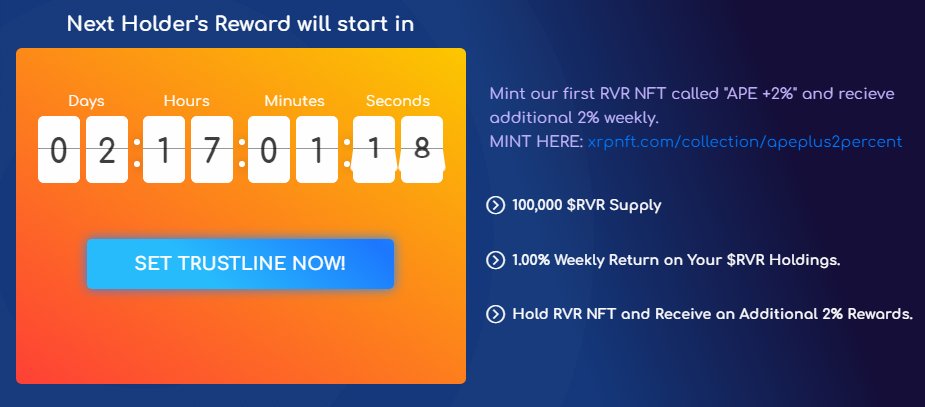 xrpl_recovery's tweet image. ⏫ $RVR HOLDER&apos;S REWARDS DISTRIBUTION
⏫WILL START 2 DAYS FROM NOW
⏫MINT YOUR RVR NFT TO RECEIVE +2% 👇
👉 xrpnft.com/collection/ape…

⚡️ Spread the information..
⚡️ Thank you for the support $RVR FAM!

#XRPL #XRPCommunity #RVR #XRPLRecovery