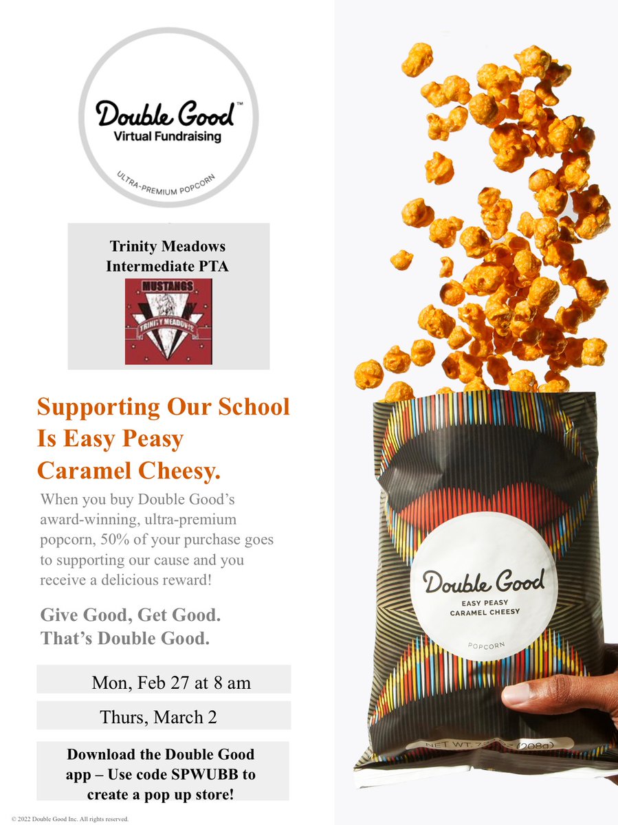 Double Good Popcorn fundraiser this week! Sign up today and share the link with family and friends starting Monday at 8am. Treat for any student that signs up. Watch social media for prizes! 
Monday's goal: $1500 total sales for the day and the whole school wins a hat day!