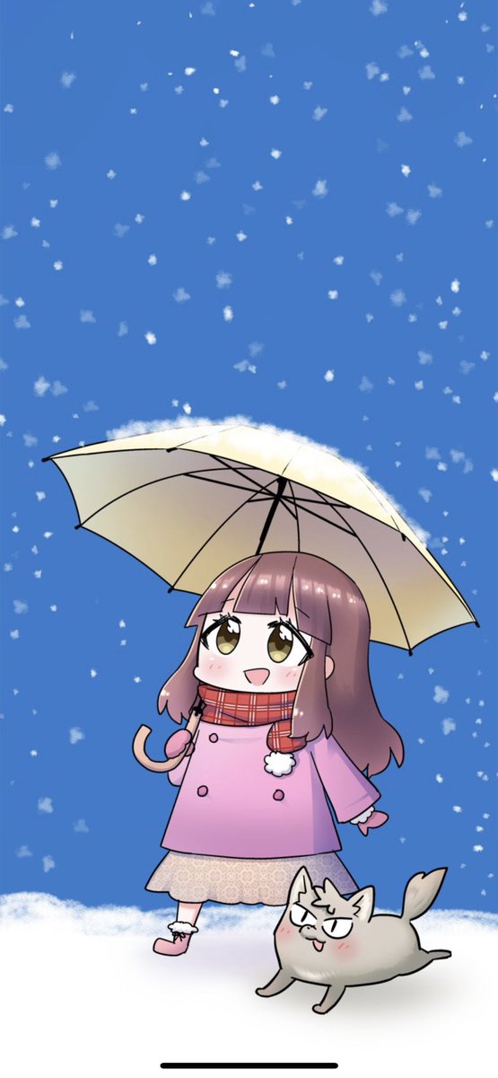 1girl umbrella scarf brown hair snow snowing cat  illustration images