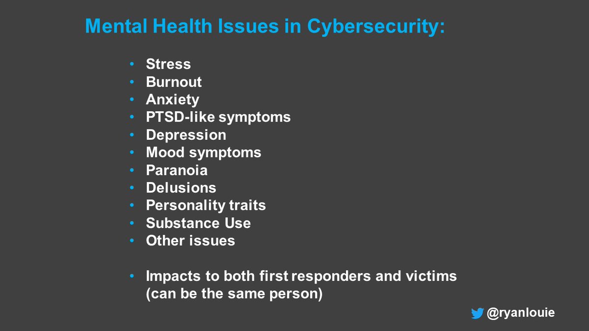 ryanlouie's tweet photo. What are some mental health issues in cybersecurity? Here are some. #psybersecurity https://t.co/Q8WdWEnJsh