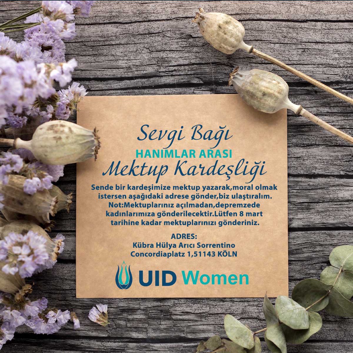 Dedik ya hep durmayacağız, yaraları sarmadan,acılara merhem olmadan durmayacağız. Her alanda her daim UID Kadınlar olarak elimizden gelen üstün gayretlerle milletimizin yanında olacağız. Bu vesileyle yeni psikolojik destek projemizle, kadınlarımıza moral olmayı hedefliyoruz.

++