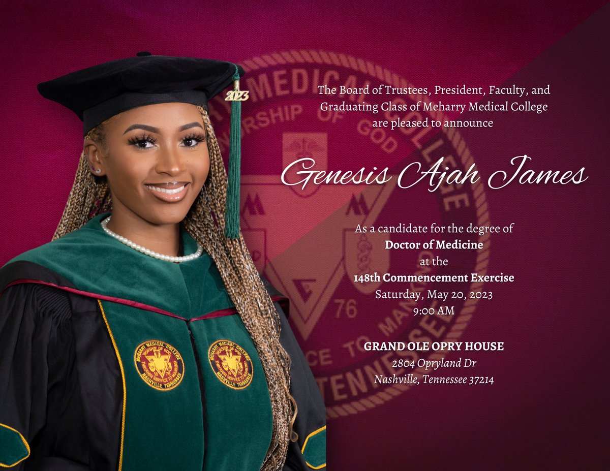 Excited to announce my graduation from <a href="/MeharryMedical/">Meharry Medical College</a> as an MD candidate! All support is much appreciated, &amp; if you'd like to support monetarily you can do so via:
#MedGradWishlist (link in bio)
Cashapp: $GenesisJames
Venmo: Genesis-James
Zelle: jgenesis1025@gmail.com
#Match2023