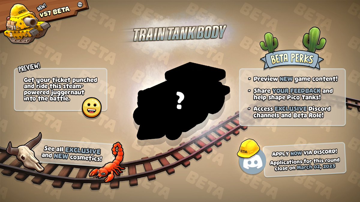 PicoTanks's tweet photo. Preview NEW game content EARLY by becoming a Pico Tanks Beta Tester!

A new Beta version is active right NOW! ✨

1. Join the Pico Tanks Discord server.
2. Check the "about-beta" channel for more!

Pico Tanks Discord 💬 https://t.co/Qgq7713Vou

 #PicoTanks #Beta #Preview https://t.co/aUqOKmXlRm