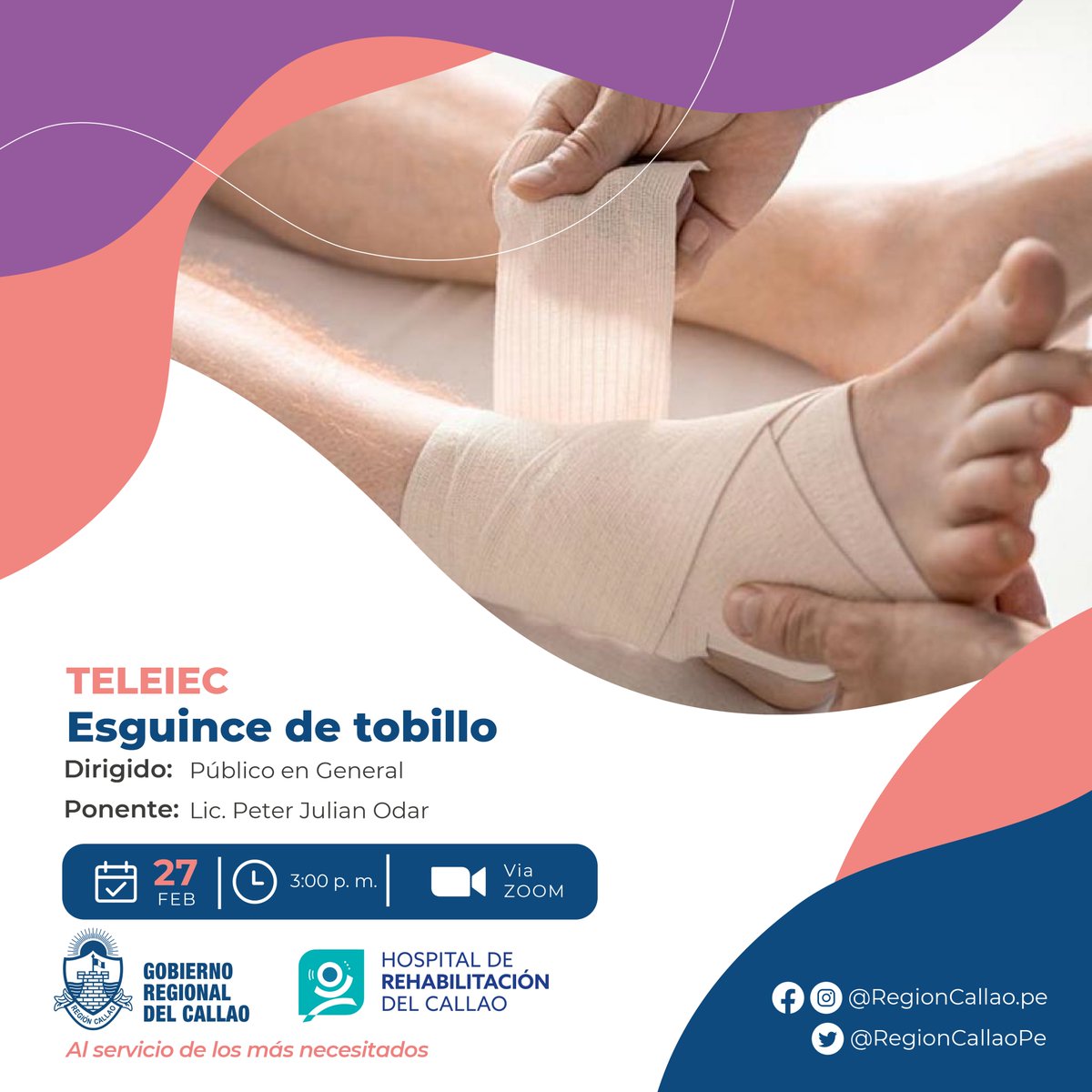 HRehabilita's tweet photo. 📢 El @HRehabilita, te invita a participar de las #CharlasVirtuales este lunes 27 de febrero en donde abordaremos el tema:
✅Dorsalgia
⏰12:00 m. 
✔Transmisión vía Zoom: https://t.co/H5ATdgkIzq

✅Esguince de tobillo
⏰3:00 p. m.
✔Transmisión vía Zoom: https://t.co/gfQNZ9Sy6I https://t.co/bFpohWhlm5