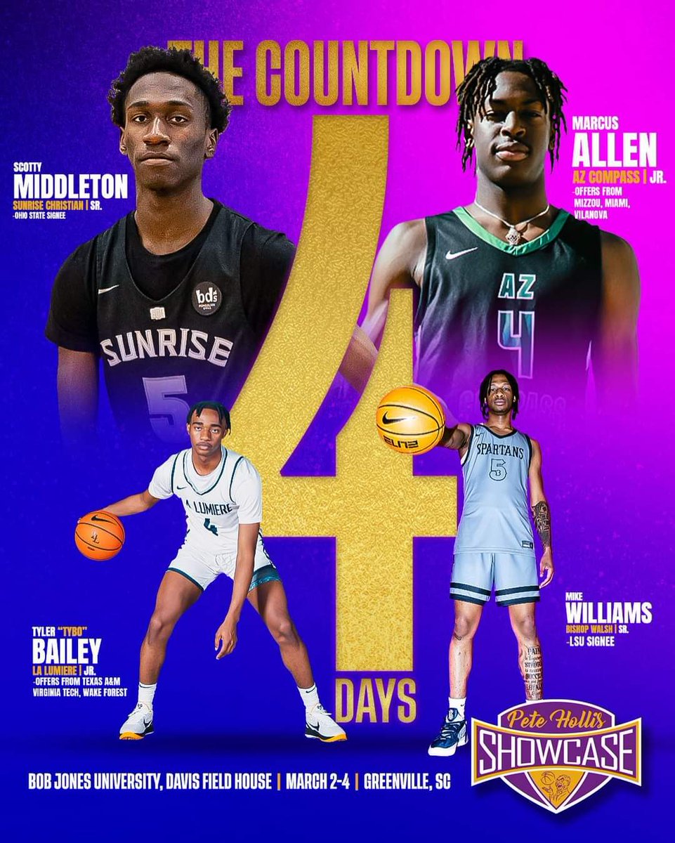 Pete Hollis Showcase (@petehollisinv) on Twitter photo Only 4 more days until some of the most electric scorers in the country bring their talents to Greenville! You wonโt want to miss <a href="/OhioStateHoops/">Ohio State Hoops</a> signee Scotty Middleton, <a href="/LSUBasketball/">LSU Basketball</a> signee Mike Williams and juniors Tyler Baliey and Marcus Allen
Purchase tickets today Only 4 more days until some of the most electric scorers in the country bring their talents to Greenville! You wonโt want to miss <a href="/OhioStateHoops/">Ohio State Hoops</a> signee Scotty Middleton, <a href="/LSUBasketball/">LSU Basketball</a> signee Mike Williams and juniors Tyler Baliey and Marcus Allen
Purchase tickets today