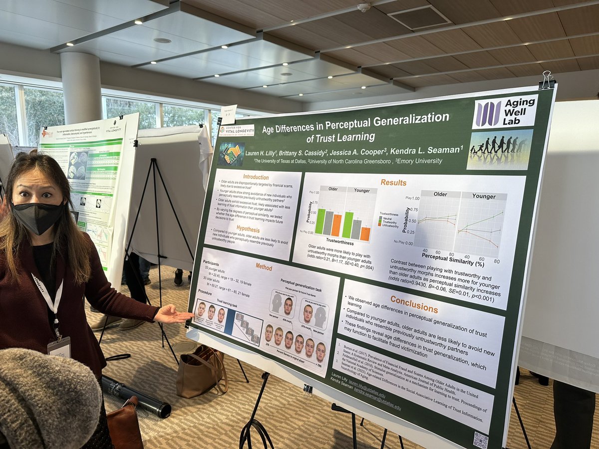 Brittany Cassidy (@heybrittweets) on Twitter photo UT Dallas PhD student Lauren Lilly presenting some new work on age differences in perceptual similarity effects on trust decisions. So happy to collab with Lauren, <a href="/jesscooperphd/">Jessica Cooper 🏳️🌈</a>, and <a href="/KendraSeaman/">Dr. Kendra Seaman</a> on this project. Thanks, @SRNDNA for making this work possible! 🧠 #DACC UT Dallas PhD student Lauren Lilly presenting some new work on age differences in perceptual similarity effects on trust decisions. So happy to collab with Lauren, <a href="/jesscooperphd/">Jessica Cooper 🏳️🌈</a>, and <a href="/KendraSeaman/">Dr. Kendra Seaman</a> on this project. Thanks, @SRNDNA for making this work possible! 🧠 #DACC
