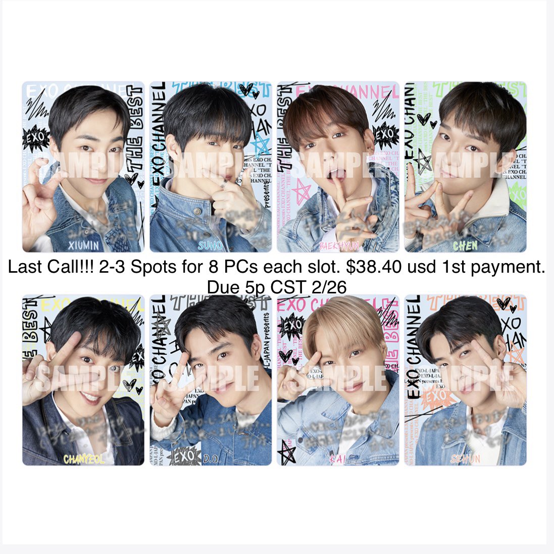 fitforexo_sales's tweet photo. 1 spot! GO EXO-L-JAPAN presents EXO CHANNEL “THE BEST”
1st payment: $38.40 USD deposit for 8 PCs {random}
If excess will apply to 2nd payment. 
#wts #exogo #wtsexo #kpop #exogo #exogrouporder #exophotocard #suho #KAI #sehun #xiumin #kyungsoo #chen #exo #baekhyun #chanyeol https://t.co/842PpIUMvf