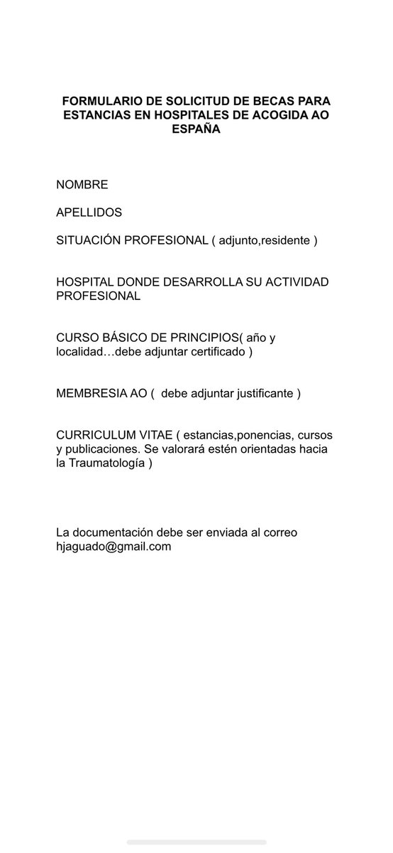AO Trauma España (@ao_spain) on Twitter photo 📢 📢 Abierto el plazo de solicitud de becas <a href="/AO_spain/">AO Trauma España</a> para estancias en Hospitales acreditados como AO Host Center en España. 🥇 El éxito rotundo en 2022 nos hace repetirla en 2023. Cuanto? 1500CHF.
Cuando pedirla? Hasta 31 de Marzo. No lo dejes pasar!! 📢 📢 Abierto el plazo de solicitud de becas <a href="/AO_spain/">AO Trauma España</a> para estancias en Hospitales acreditados como AO Host Center en España. 🥇 El éxito rotundo en 2022 nos hace repetirla en 2023. Cuanto? 1500CHF.
Cuando pedirla? Hasta 31 de Marzo. No lo dejes pasar!!