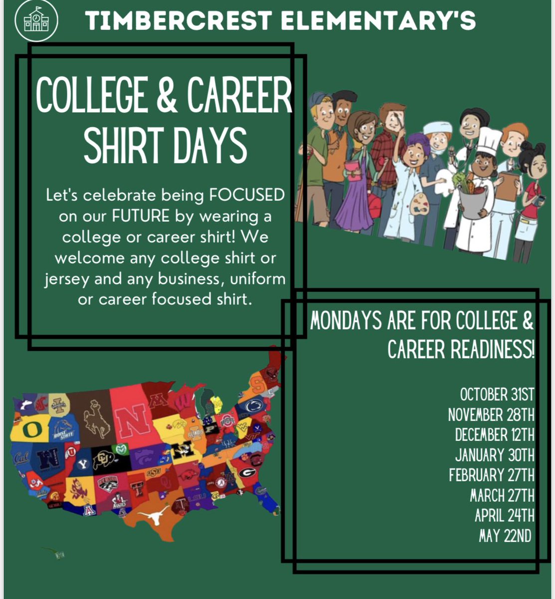 TOMORROW is College and Career Shirt Day at The Crest!