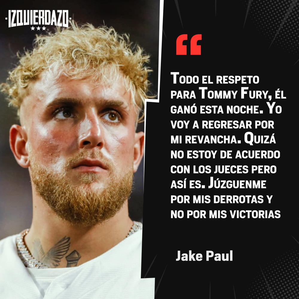 IzquierdazoBox's tweet image. 🙏 Jake Paul promete volver para la revancha ante Tommy Fury tras perder el invicto.

*Jake no entrará a los ránkings del CMB por ahora. 

#PaulFury