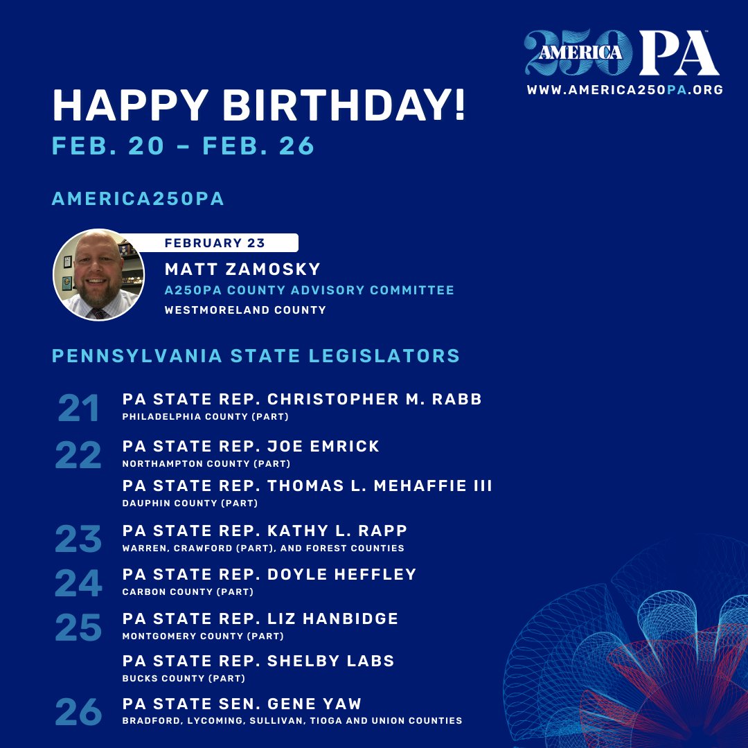 America250_PA's tweet photo. (1/2) 
Happy birthday to everyone who celebrated this week! 🎈

• Matt Zamosky—A250PA County Advisory | #WestmorelandCo
• @RepRabb | #PhiladelphiaCo
• Rep. Joe Emrick | #NorthamptonCo
• Rep. Thomas Mehaffie III | #DauphinCo
... https://t.co/8SUWPzPHvZ