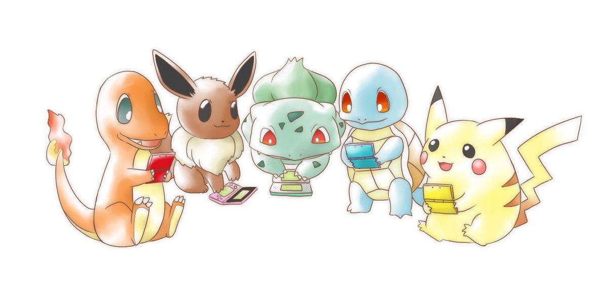 bulbasaur ,charmander ,eevee ,pikachu ,squirtle handheld game console pokemon (creature) no humans nintendo 3ds game boy flame-tipped tail sitting  illustration images
