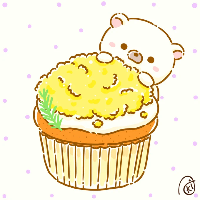 ミモザカップケーキ!#イラスト #お絵描き #シロクマ #ホッキョクグマ #ミモザ 