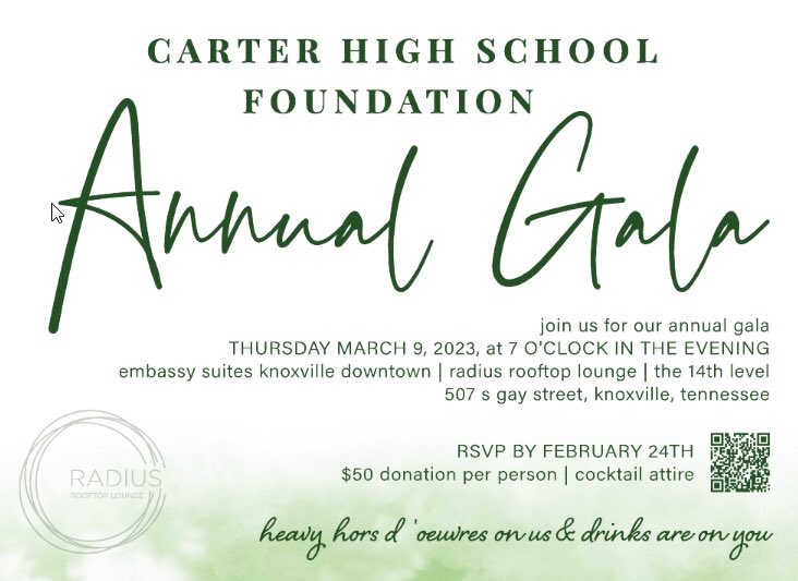The first annual Carter High School Foundation Gala is 11 days away, and tickets are going fast. Want to make CHS better? Come join us on March 9 @ 7:00 at Radius Rooftop Lounge and find out how you can help! #gohornets