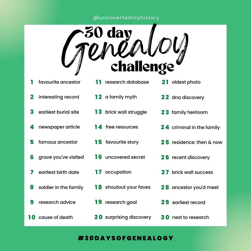 curiousgeneabug's tweet photo. Need some content inspo for March? Why not try our #30DaysOfGenealogy challenge!

Whether you post something every day or pick &amp; choose the prompts, be sure to tag us so we can see all your wonderful finds &amp; stories! ☺️

#genealogy #familyhistory #familytree #ancestry https://t.co/7cTACw16nL