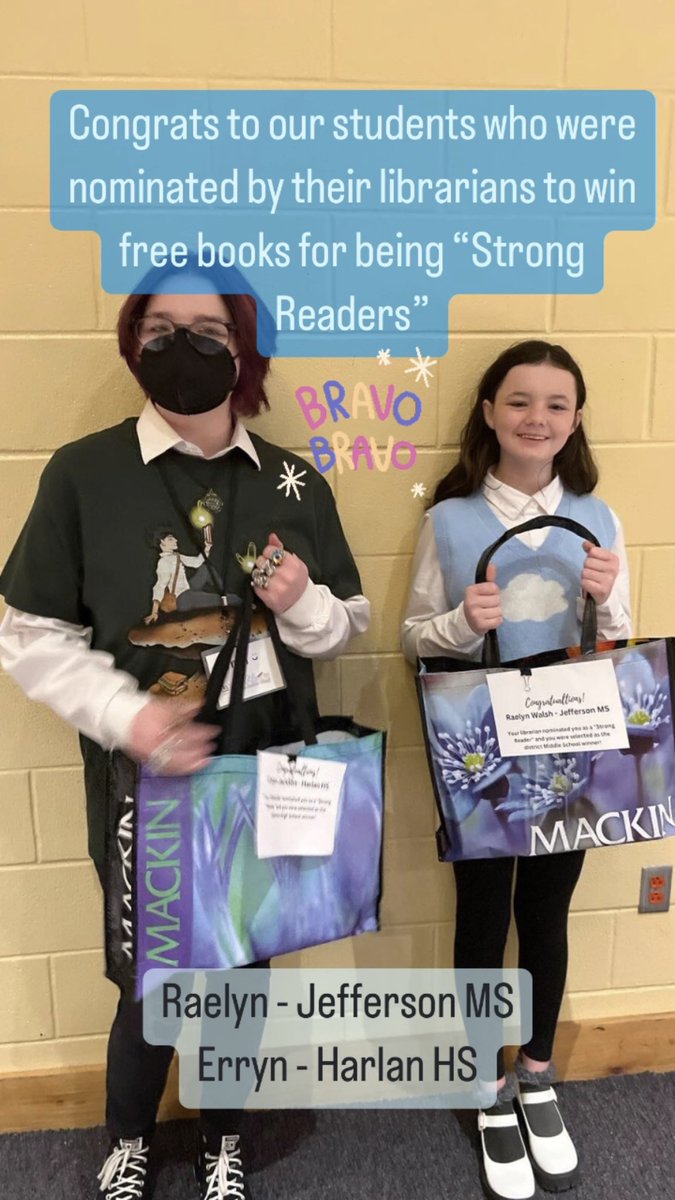 We loved being able to give a set of #LibraryPalooza books to these two students who were nominated by their librarians for being “Strong Readers.” 🥳 
The books were made possible by a generous donation in honor of former @oconnorlibrary assistant Sheryn Strong.