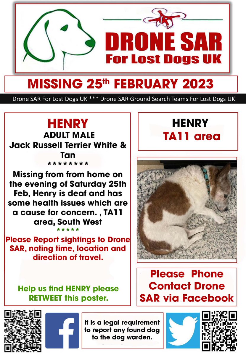sar_dogs's tweet photo. #LostDog #Alert HENRY
Male Jack Russell Terrier White &amp; Tan (Age: Elderly)
Missing from from home on the evening of Saturday 25th Feb, Henry is deaf and has some health issues which are a cause for concern. , TA11 area, South West on 25th February 2023 #DroneSAR #MissingDog https://t.co/sY5mLAkoMd