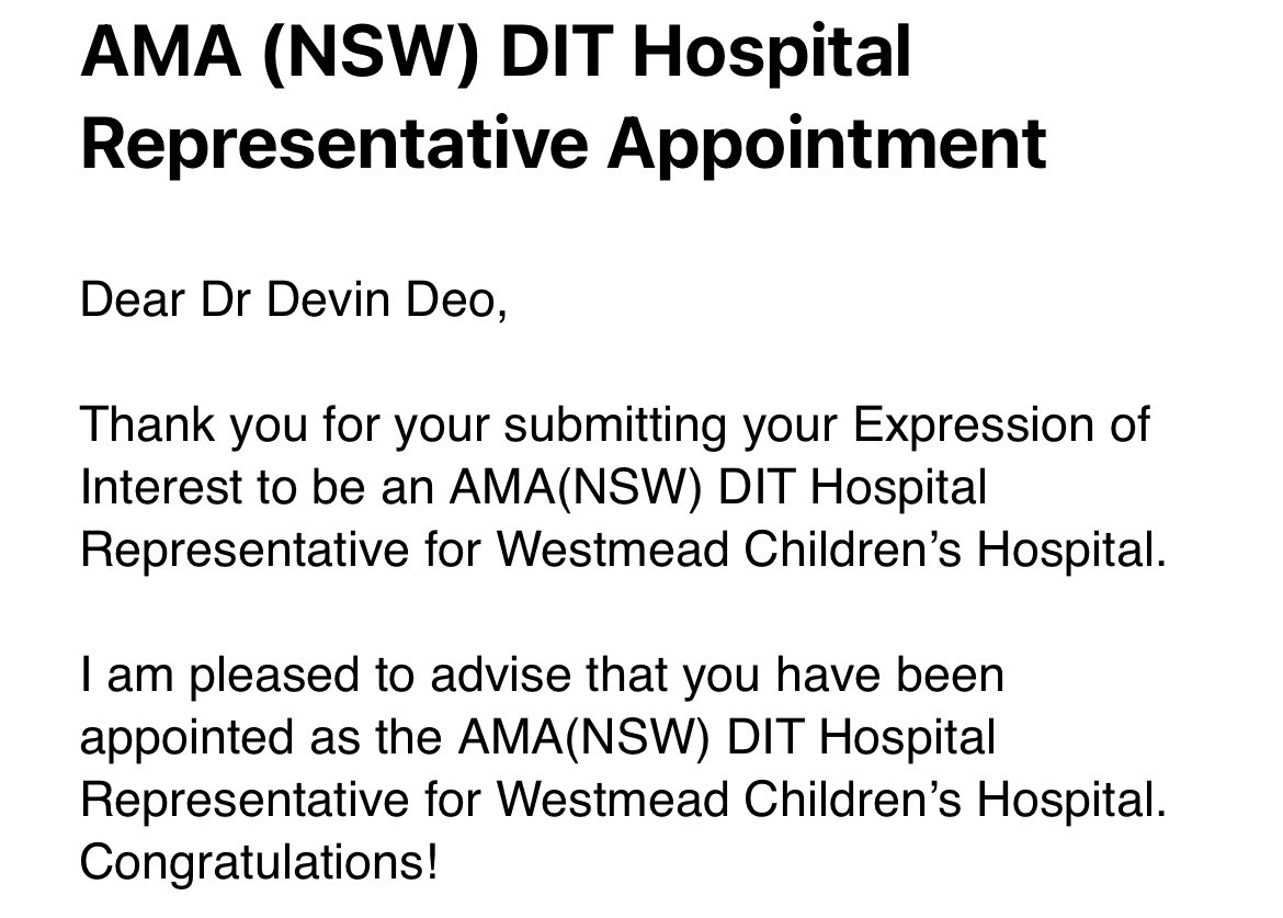 Am excited to be appointed as the new @AMA_NSW Doctors-In-Training Hospital Representative for the Children’s Hospital at Westmead Am truly grateful for the opportunity to be the representative and looking forward to getting started and support our fellow doctors in training 😊