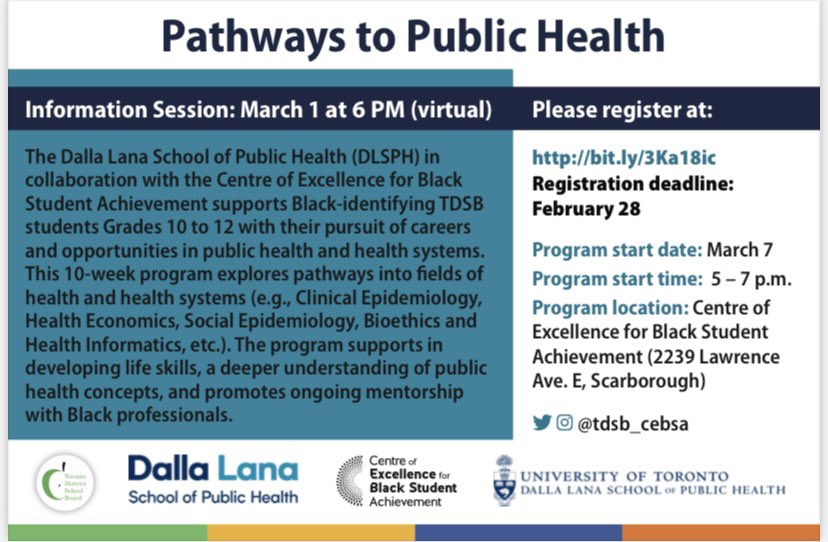 Black-identifying <a href="/tdsb/">Toronto District School Board</a> students in Grades 10-12 are invited to register for this new program! Pathways to Public Health is a 10-week program that explores pathways into health &amp; health systems.

Register here:
bit.ly/3Ka18ic

#tdsbcebsa #tdsb