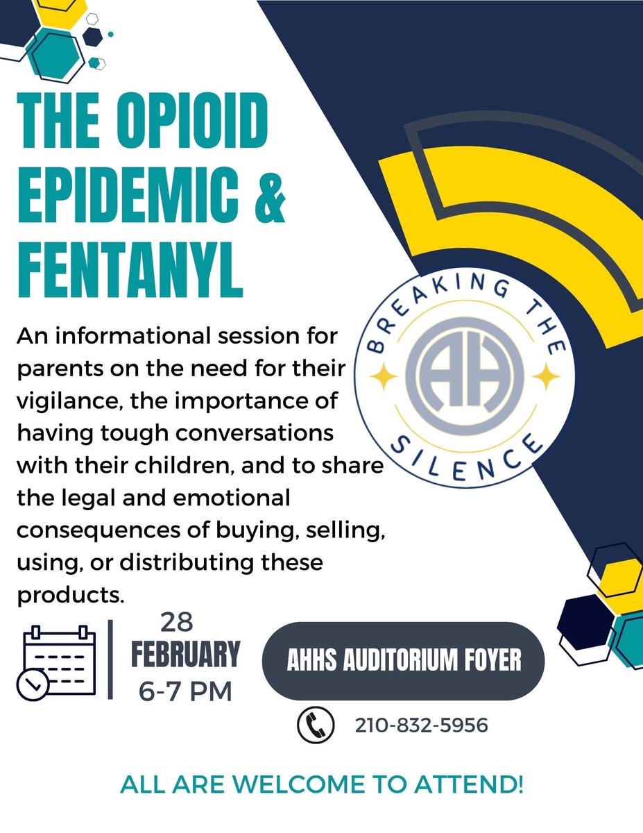 Come be a part of a very important conversation with a DEA agent &amp; US District Attorney this Tuesday evening <a href="/AHISD/">Alamo Heights ISD</a> <a href="/AHHSmules/">AHHS Mules</a> <a href="/catwidder/">Cat Widder</a>