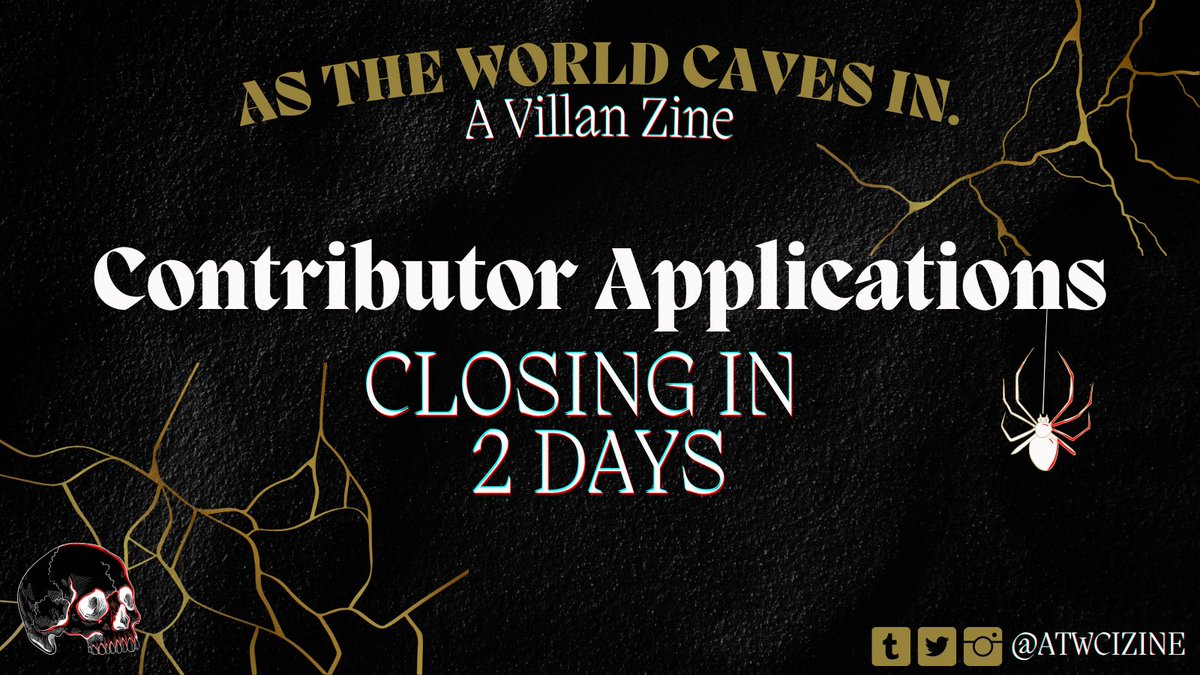 ATWCIZine's tweet photo. 🍷As The World Caves In: A Villain Zine🍷

Only two days until contributer apps close on February 28!

If you're interested in art, cosplay, photography, or writing check us out! All forms are linked below!

#transformers   #OC #anime #movie https://t.co/feaByviDC9