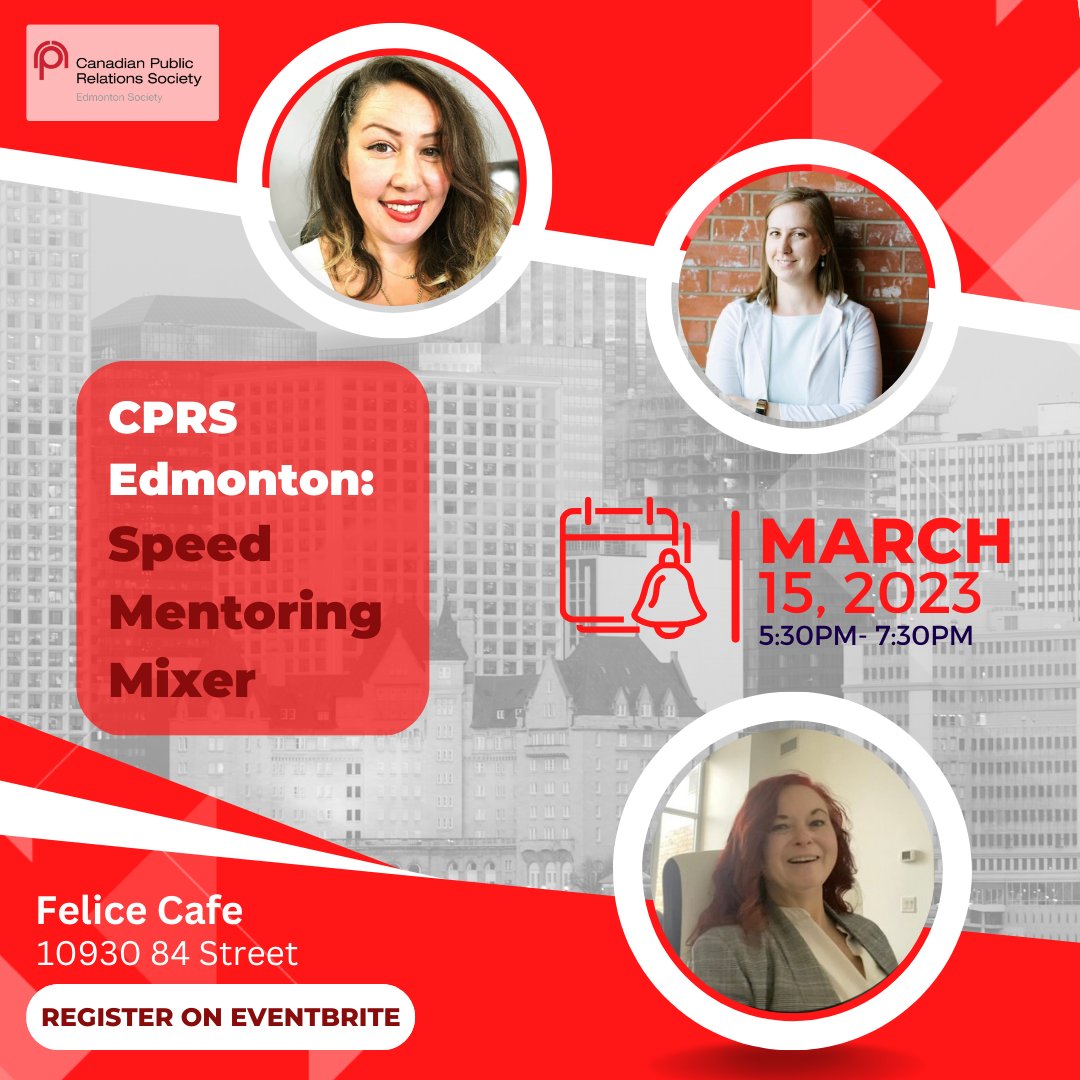 We are close to two weeks away from our first ever #CPRS Edmonton Speed Mentoring Mixer! Have you got your tickets yet? Trust us when we say this is one event you won't want to miss! To learn more &amp; to register, visit ➡️ bit.ly/3Eatrcy.
 
#YegPr #YegComms #MacPR #NAITPR