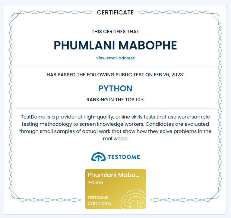 overtimecoding's tweet image. I rank in the top 10% in #Python on @TestDome. Beat that! testdome.com/certificates/b…