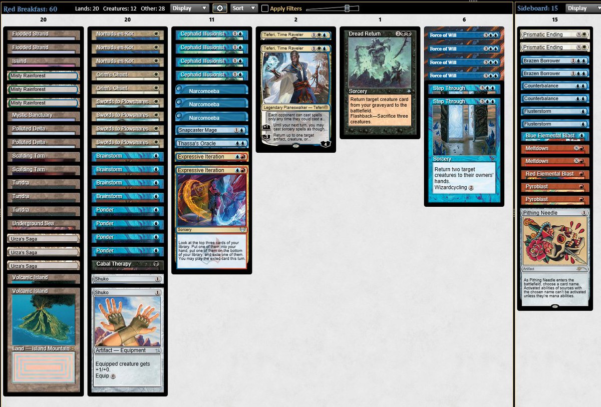 GrapeshotNH's tweet photo. 7-2, 17th Place in the Legacy Show Challenge (218 Players) with Full American Breakfast, deck felt great, Delver and Painter matchups both feel like they improve with this build, Initiative is still good and the sideboard cards performed well. Matchups below! https://t.co/vTcSiP0Gnj