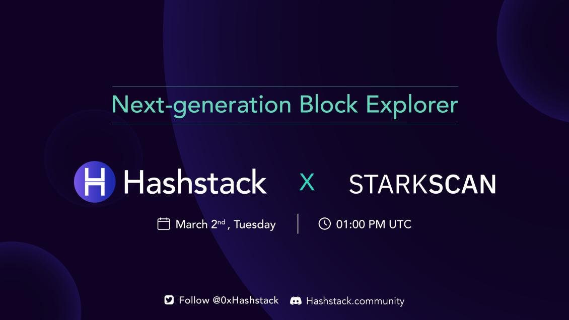 0xHashstack's tweet photo. Hey Everyone!
We're excited to have the .@StarkscanCo team join us for a Twitter Space on "Next-generation Block Explorer" 🔥

🗓️When: 2nd March, Thursday
📆Time: 12 pm UTC

Twitter Space link:  https://t.co/U0nXNS31cX

Receive a .@Galxe OAT for tuning in:
https://t.co/g7oABJPKU6 https://t.co/jxhbnuU0xz