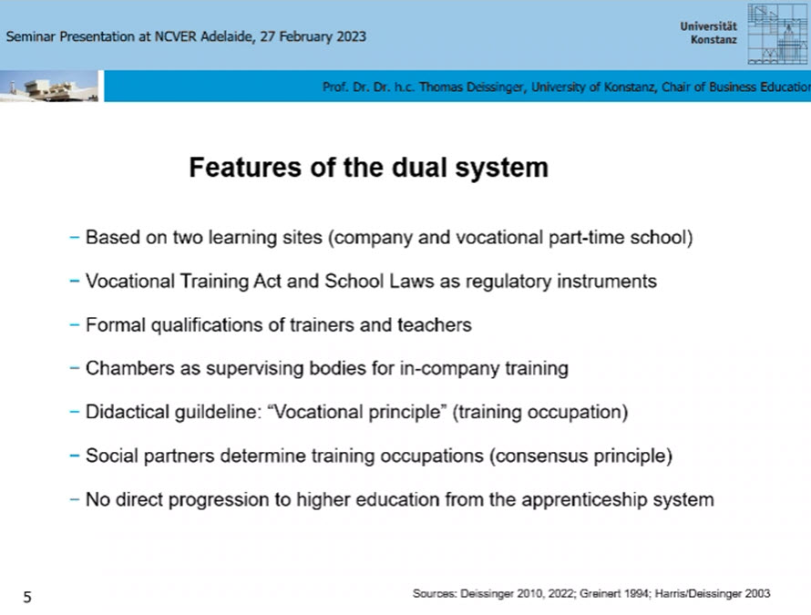 VOCEDplus's tweet image. Some 1.26 million young people in 2021 undertook apprenticeships in the dual-system, but there&apos;s been a decline when compared to 2019 data.
Features of the #DualSystem and some statistics from Professor Deissinger&apos;s presentation 👇