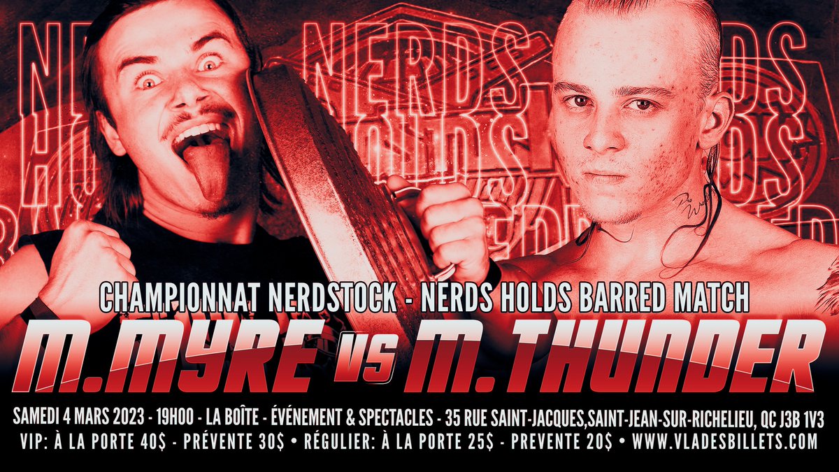 FmLutte's tweet image. 1/3 

Ce Samedi , tout un gala/ This Saturday, we have one hell of a show!

Prestations musicales de/Musical performances by @voonic2 123goninja! et Kill Kids for Whiskey.

Nerds holds barred pour le championnat Nerdstock/For Nerdstock title @MMProWrestler vs @mikeyythunder