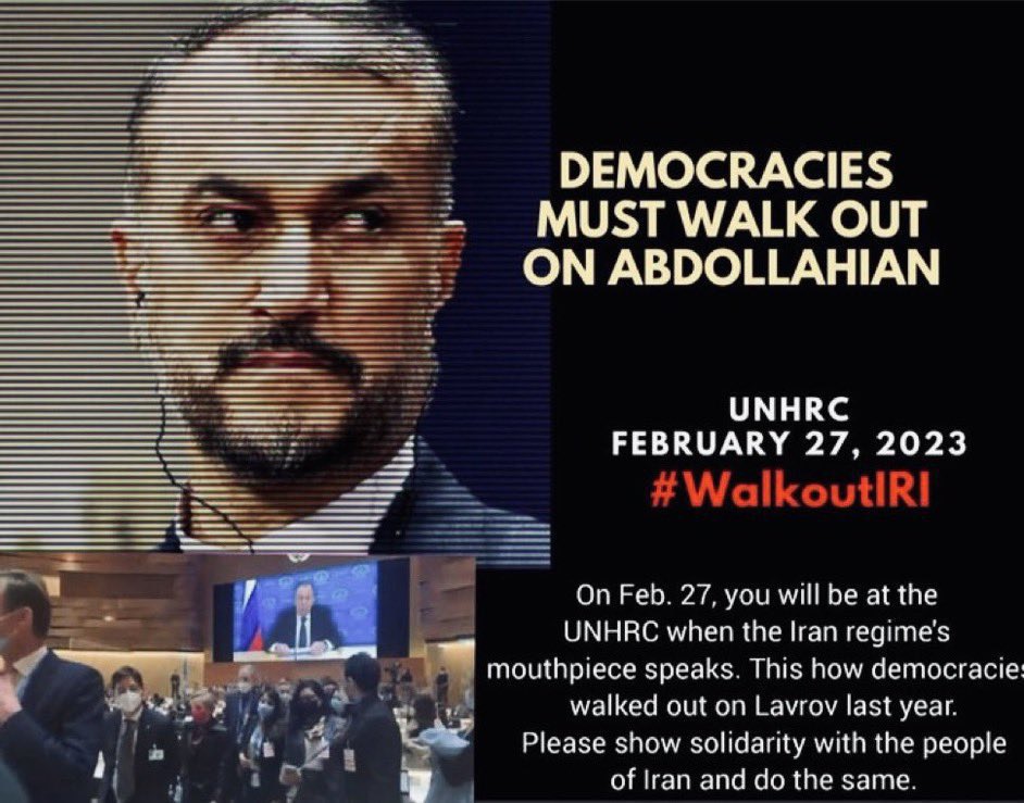 Action4IR's tweet photo. It is a big shame for those meeting with the murderous Islamic Republic of Iran MF in Genova/UN.

instead:
1-#WalkoutIRI
2-Stop any deals & JCPOA with IRI
3-No funds to IRI
4-#IRGCterrorists
5-Mandate IRI to:
    - Release all political prisoners
    - Stop executions
6-Meet with true representatives of Iranians @AlinejadMasih @NazaninBoniadi @PahlaviReza @esmaeilion