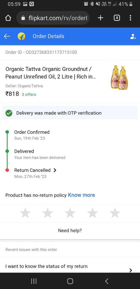 MITHU18834647's tweet photo. Contact Us https://t.co/qfUzEdY4z4 via @FlipkartStories 
I had ordered 2litre organic tatva groundnut oil from flipkart .  But received only 1 litre, so I informed customer care and requested return and refund. Return was accepted but then  flipkart cancelled my return https://t.co/JsQwfIg2nj